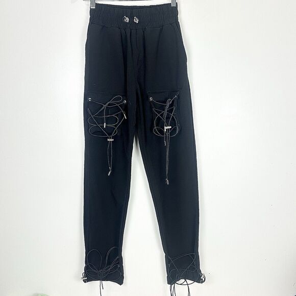 MANIERE DE VOIR dungee LACE-UP CARGO PANTS - BLACK US SIZE 8 Grunge - Picture 4 of 14